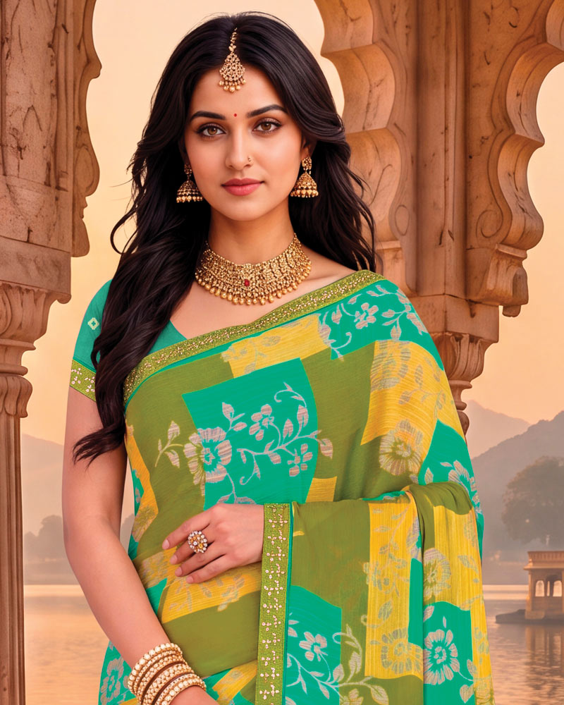 Vishal Prints Moss And Persian Green Printed Chiffon Saree With Fancy Embroidery Border