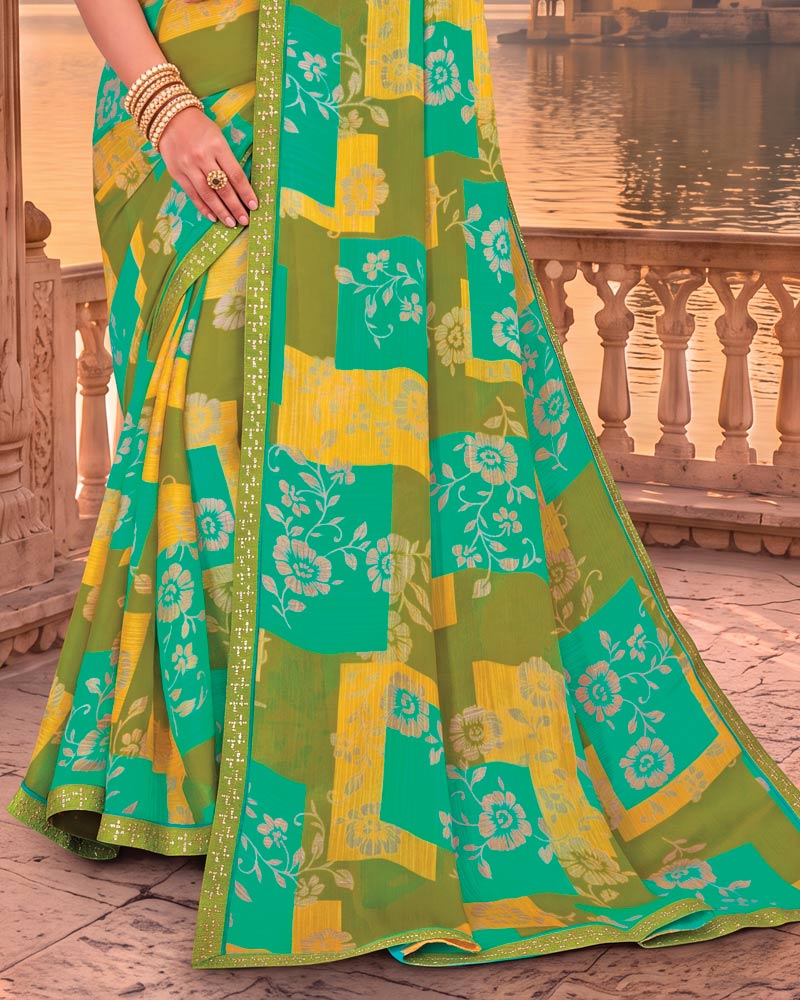 Vishal Prints Moss And Persian Green Printed Chiffon Saree With Fancy Embroidery Border