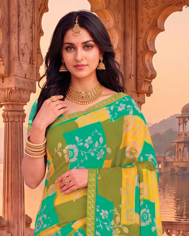 Vishal Prints Moss And Persian Green Printed Chiffon Saree With Fancy Embroidery Border