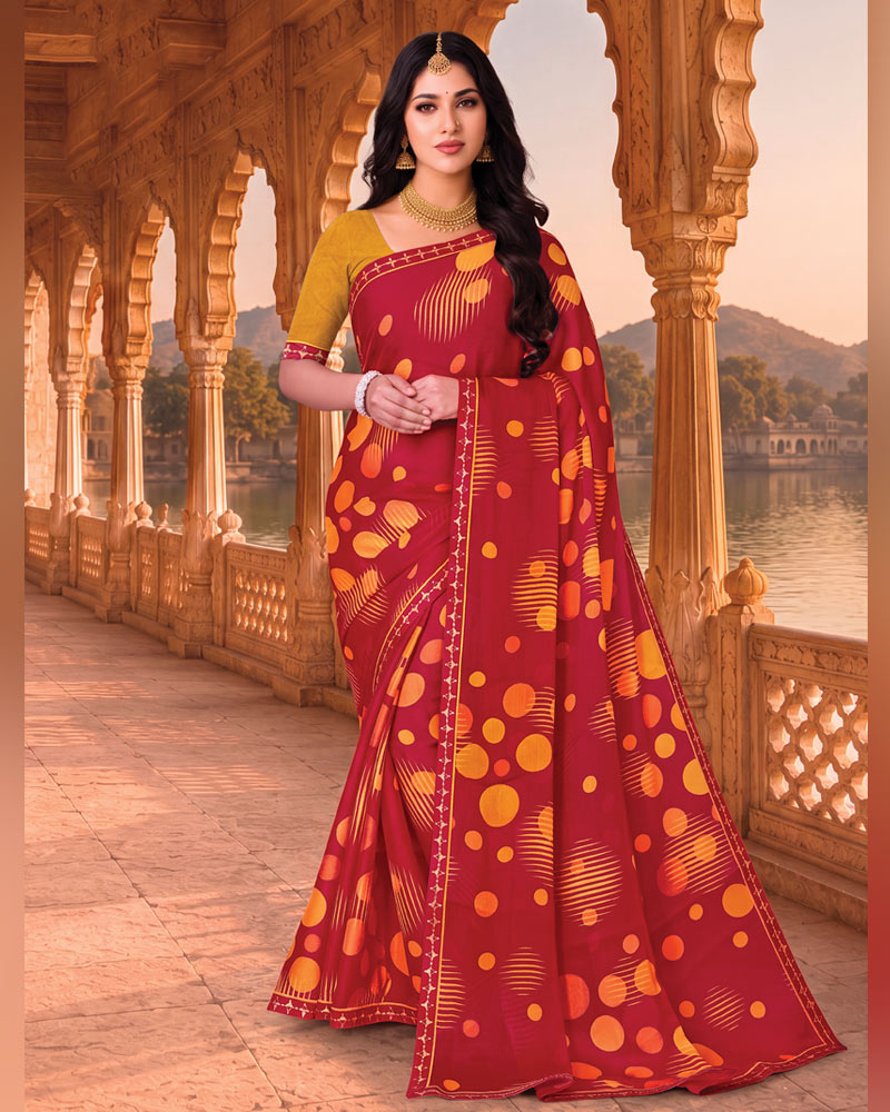 Vishal Prints Bright Maroon Printed Chiffon Saree With Fancy Embroidery Border