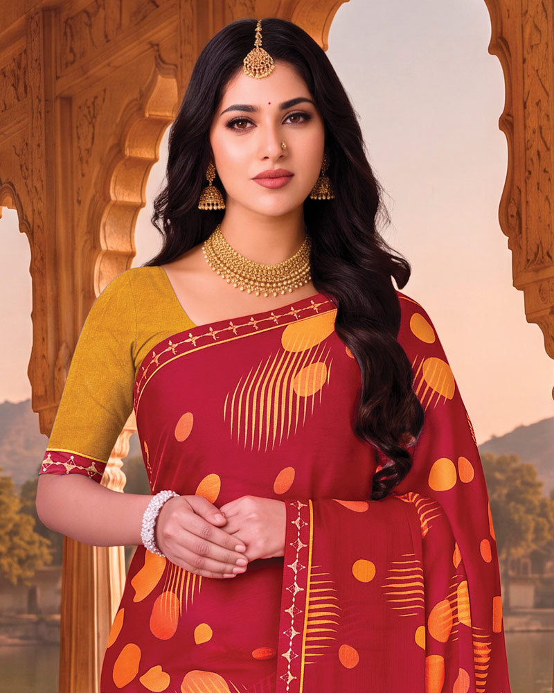 Vishal Prints Bright Maroon Printed Chiffon Saree With Fancy Embroidery Border