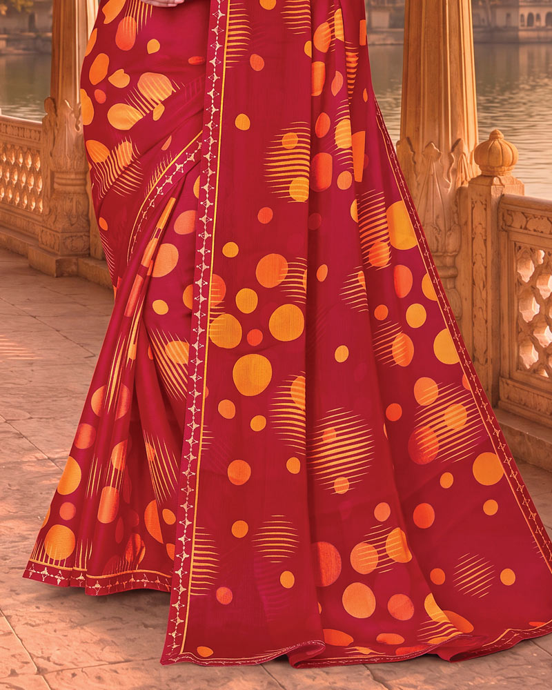 Vishal Prints Bright Maroon Printed Chiffon Saree With Fancy Embroidery Border