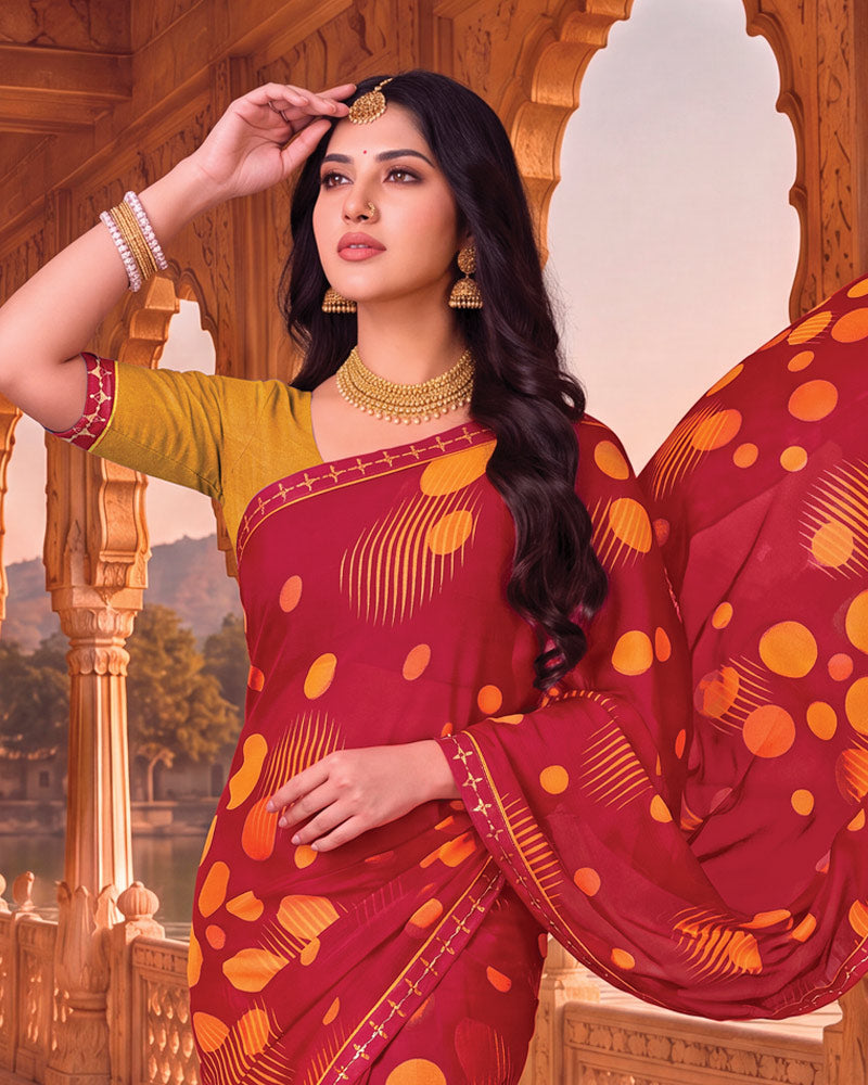 Vishal Prints Bright Maroon Printed Chiffon Saree With Fancy Embroidery Border