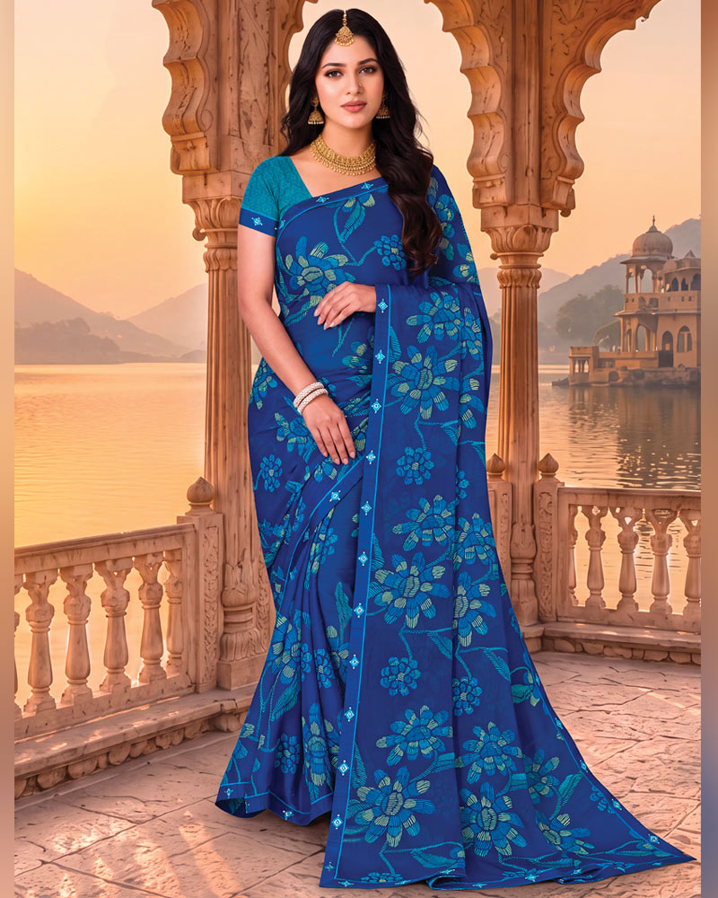 Vishal Prints Royal Blue Printed Chiffon Saree With Fancy Embroidery Border