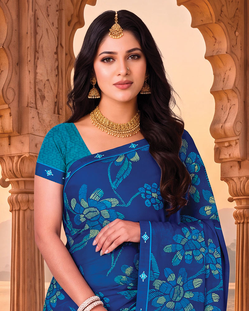 Vishal Prints Royal Blue Printed Chiffon Saree With Fancy Embroidery Border