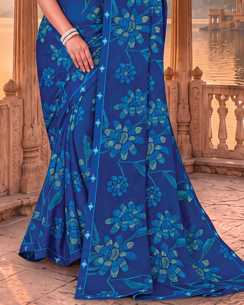 Vishal Prints Royal Blue Printed Chiffon Saree With Fancy Embroidery Border