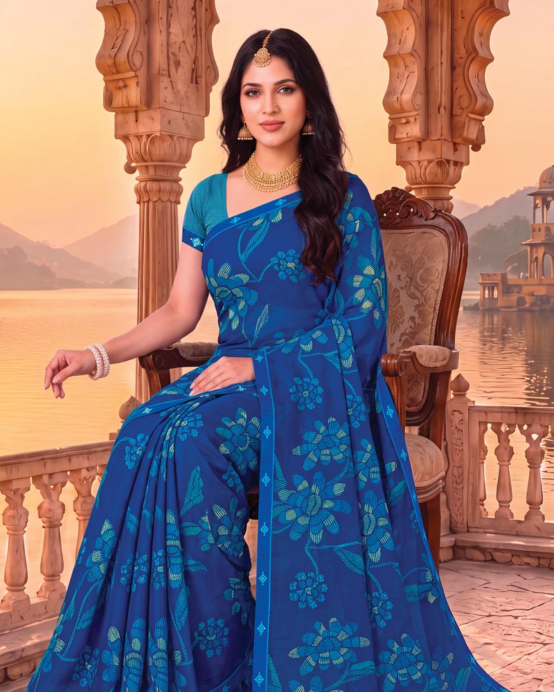 Vishal Prints Royal Blue Printed Chiffon Saree With Fancy Embroidery Border