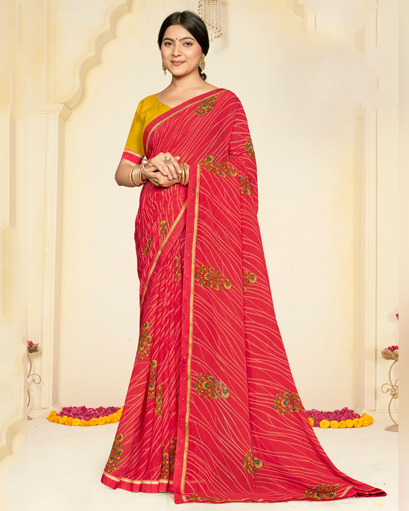 Vishal Prints Pinkish Red Printed Georgette Saree With Fancy Border
