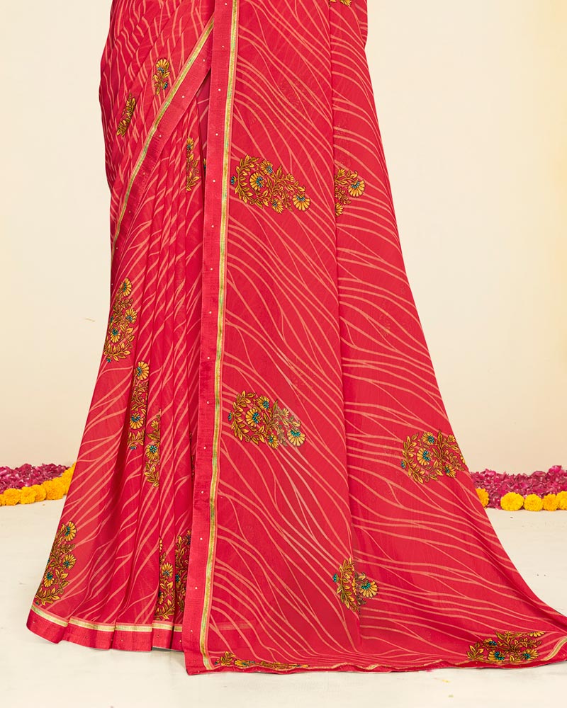 Vishal Prints Pinkish Red Printed Georgette Saree With Fancy Border