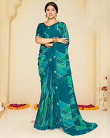 Vishal Prints Aqua Blue Printed Georgette Saree With Fancy Border
