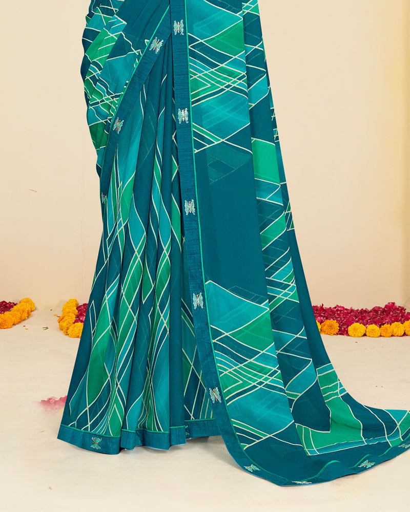 Vishal Prints Aqua Blue Printed Georgette Saree With Fancy Border
