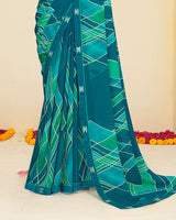 Vishal Prints Aqua Blue Printed Georgette Saree With Fancy Border