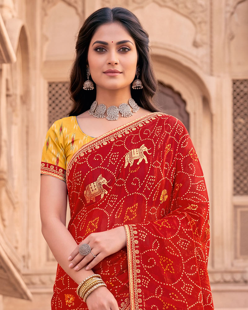 Vishal Prints Valentine Red Patterned Chiffon Traditional Print Saree With Foil Print And Fancy Embroidery Border