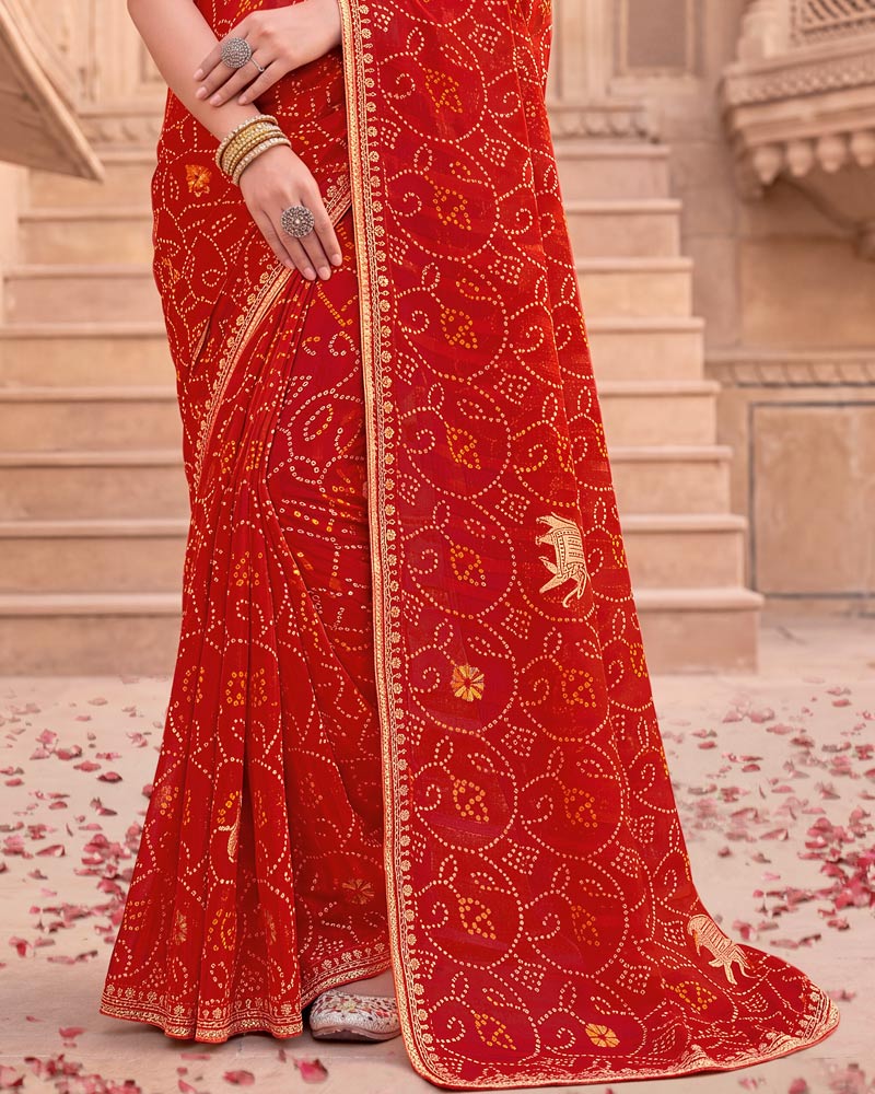 Vishal Prints Valentine Red Patterned Chiffon Traditional Print Saree With Foil Print And Fancy Embroidery Border