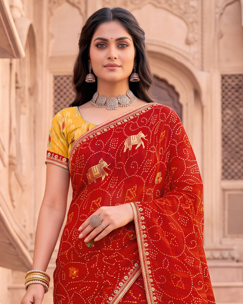Vishal Prints Valentine Red Patterned Chiffon Traditional Print Saree With Foil Print And Fancy Embroidery Border