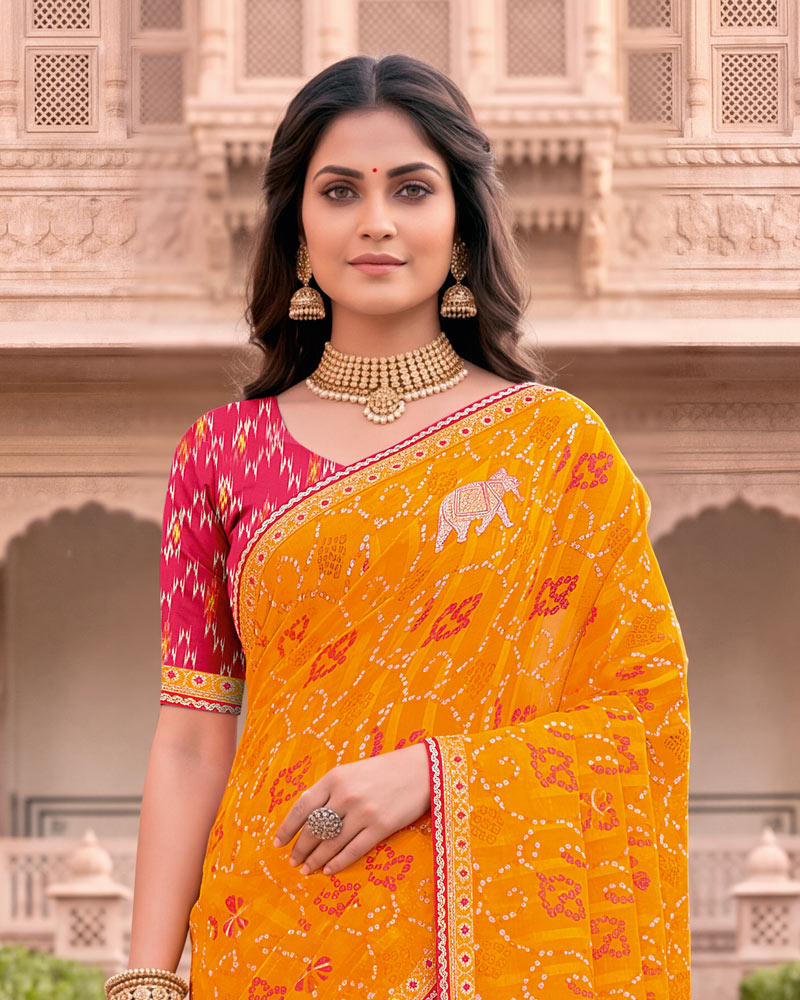 Vishal Prints Pumpikn Orange Patterned Chiffon Traditional Print Saree With Foil Print And Fancy Embroidery Border