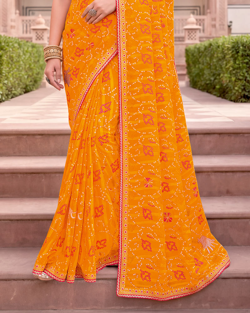 Vishal Prints Pumpikn Orange Patterned Chiffon Traditional Print Saree With Foil Print And Fancy Embroidery Border