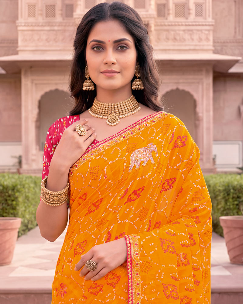 Vishal Prints Pumpikn Orange Patterned Chiffon Traditional Print Saree With Foil Print And Fancy Embroidery Border