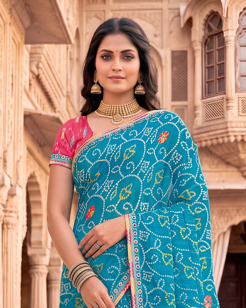 Vishal Prints Ocean Blue Patterned Chiffon Traditional Print Saree With Foil Print And Fancy Embroidery Border