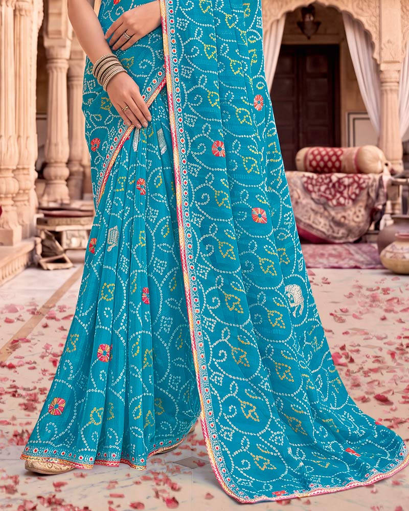 Vishal Prints Ocean Blue Patterned Chiffon Traditional Print Saree With Foil Print And Fancy Embroidery Border