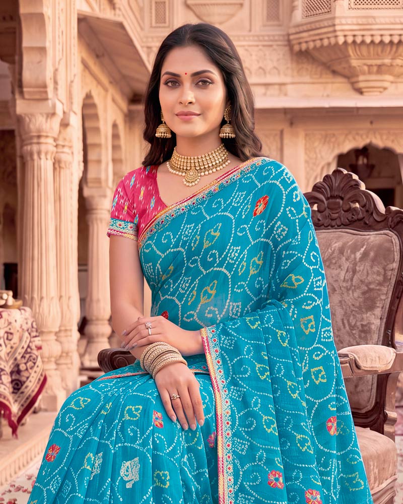 Vishal Prints Ocean Blue Patterned Chiffon Traditional Print Saree With Foil Print And Fancy Embroidery Border