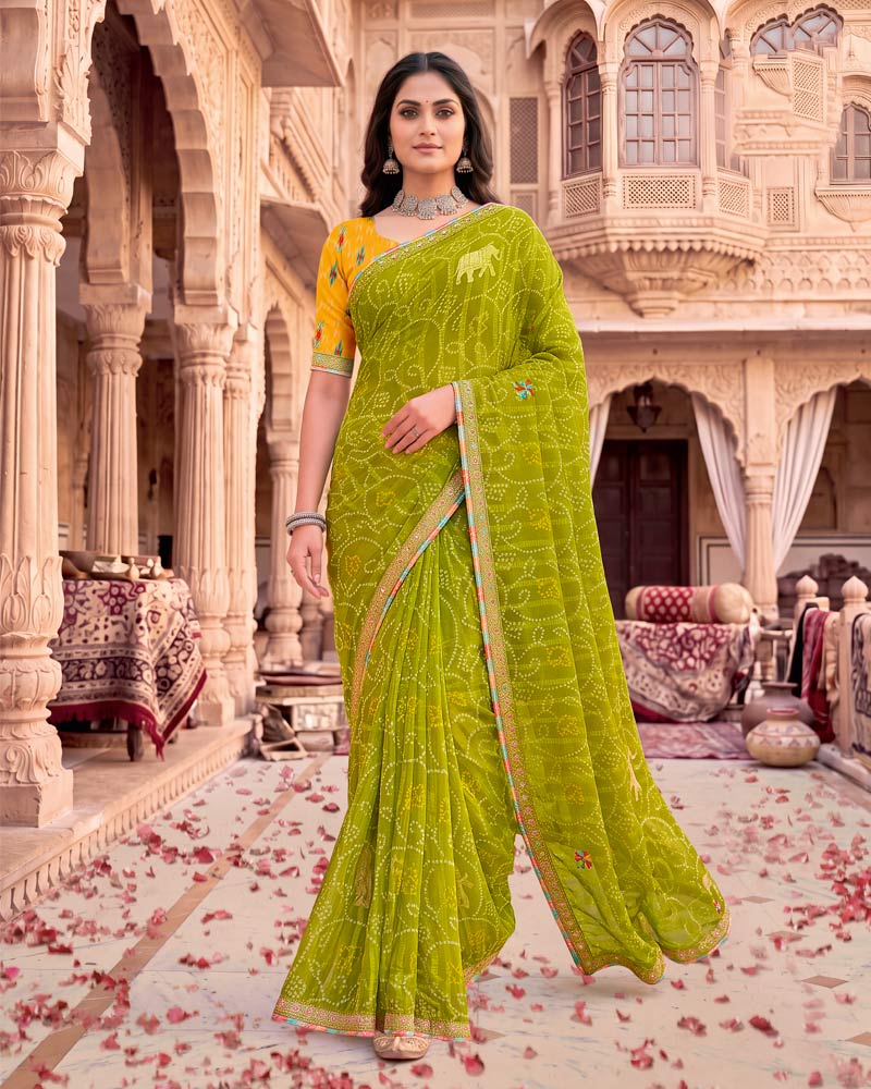 Vishal Prints Olive Yellow Patterned Chiffon Traditional Print Saree With Foil Print And Fancy Embroidery Border