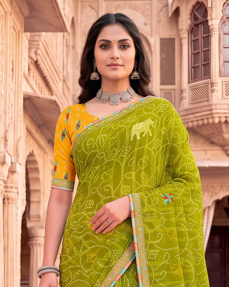 Vishal Prints Olive Yellow Patterned Chiffon Traditional Print Saree With Foil Print And Fancy Embroidery Border