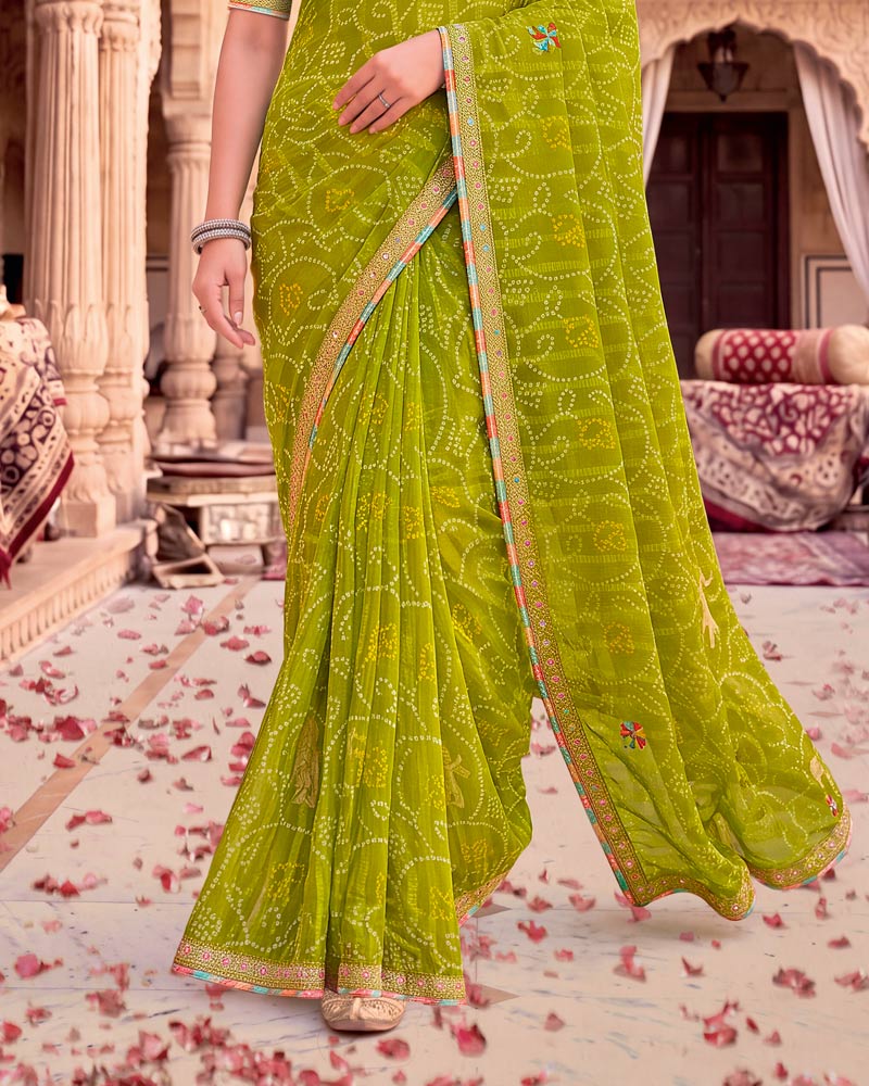 Vishal Prints Olive Yellow Patterned Chiffon Traditional Print Saree With Foil Print And Fancy Embroidery Border