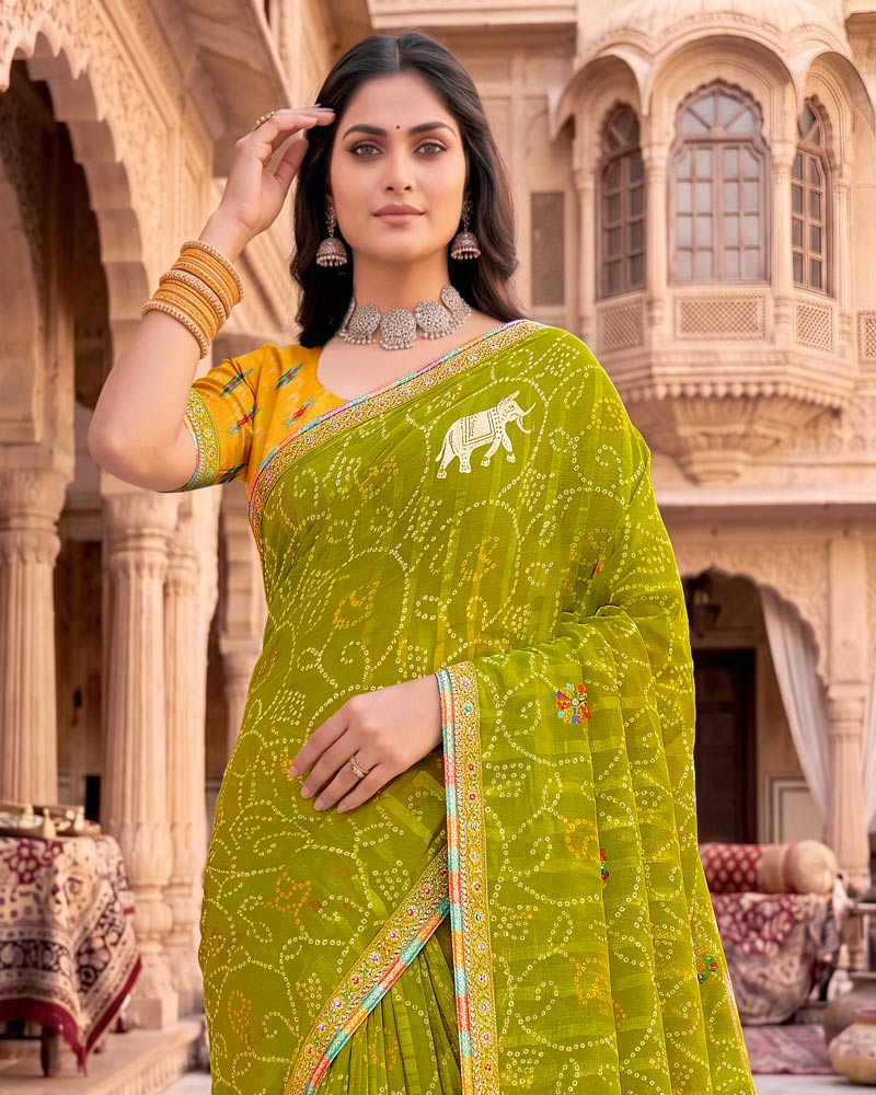 Vishal Prints Olive Yellow Patterned Chiffon Traditional Print Saree With Foil Print And Fancy Embroidery Border