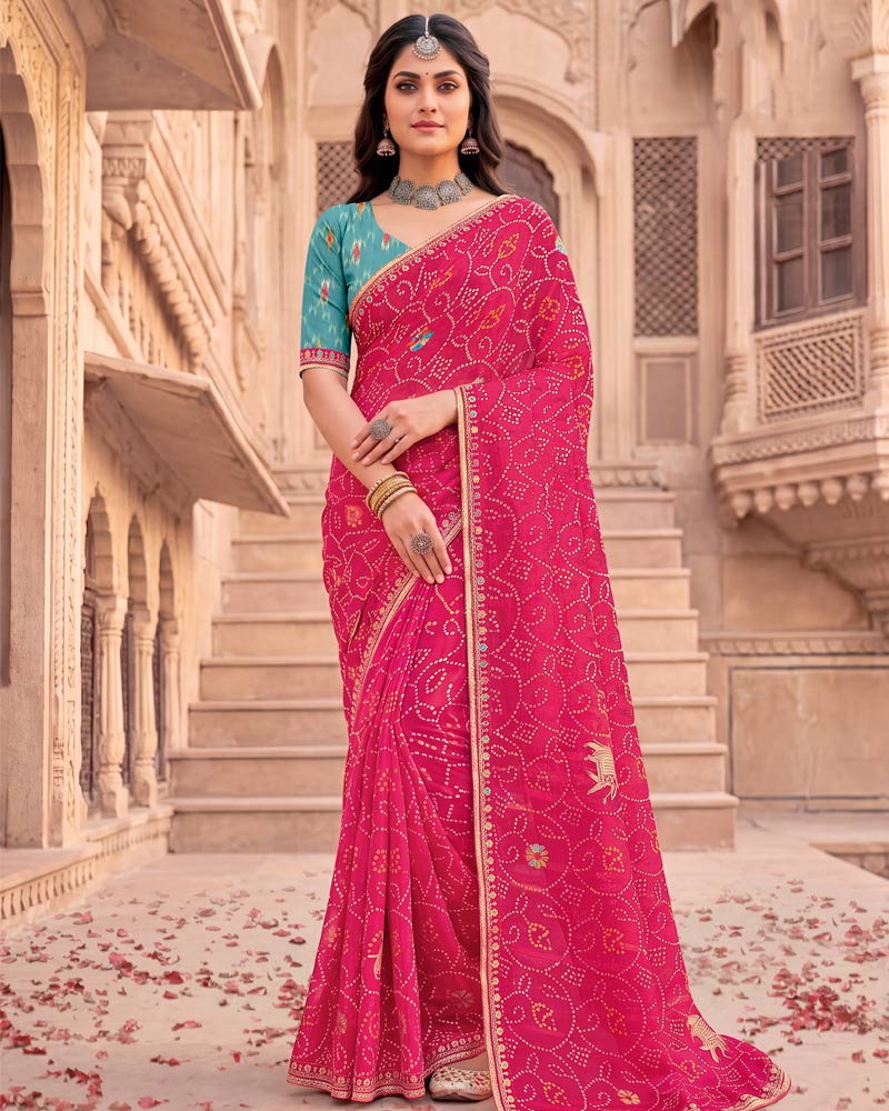 Vishal Prints Raspberry Pink Patterned Chiffon Traditional Print Saree With Foil Print And Fancy Embroidery Border