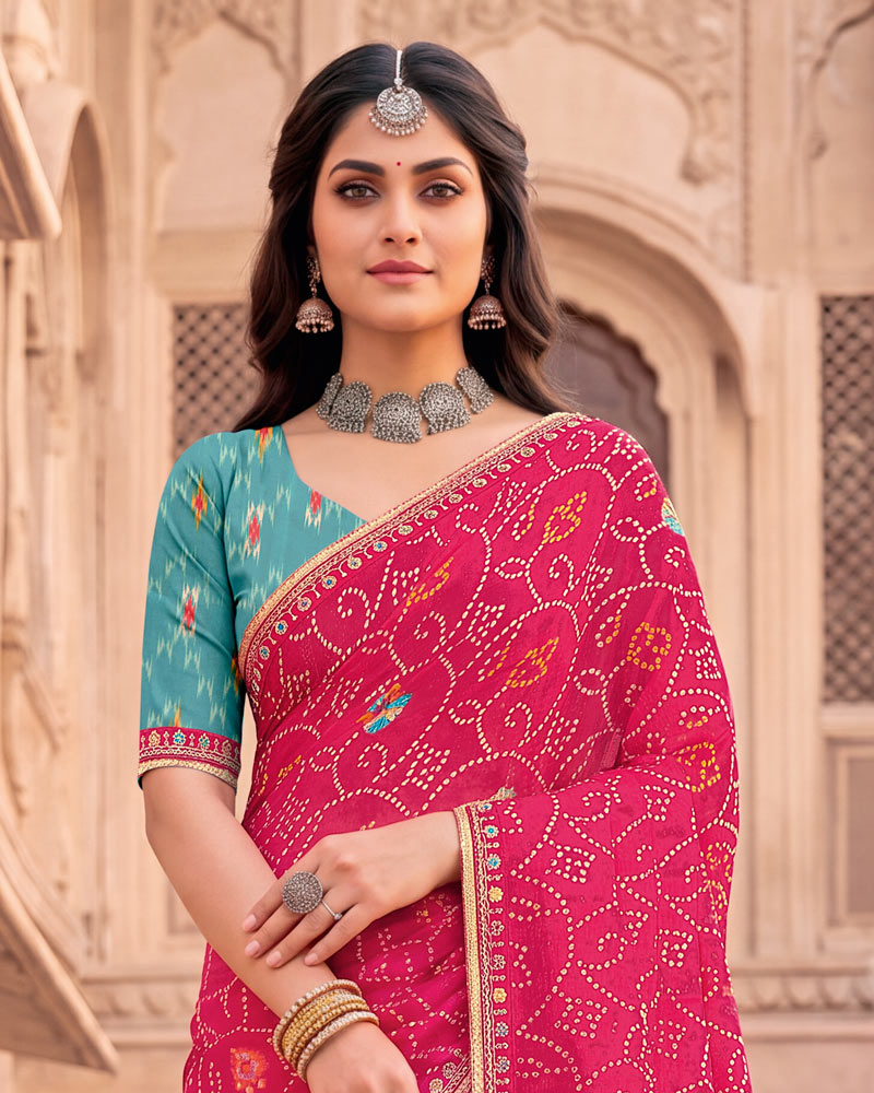 Vishal Prints Raspberry Pink Patterned Chiffon Traditional Print Saree With Foil Print And Fancy Embroidery Border