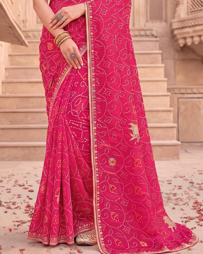 Vishal Prints Raspberry Pink Patterned Chiffon Traditional Print Saree With Foil Print And Fancy Embroidery Border