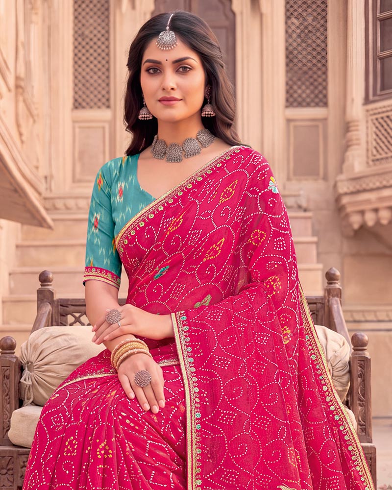 Vishal Prints Raspberry Pink Patterned Chiffon Traditional Print Saree With Foil Print And Fancy Embroidery Border