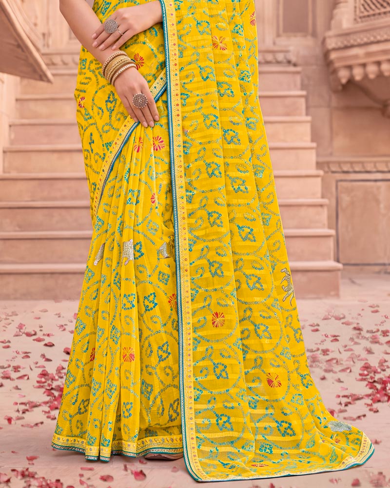 Vishal Prints Golden Yellow Patterned Chiffon Traditional Print Saree With Foil Print And Fancy Embroidery Border
