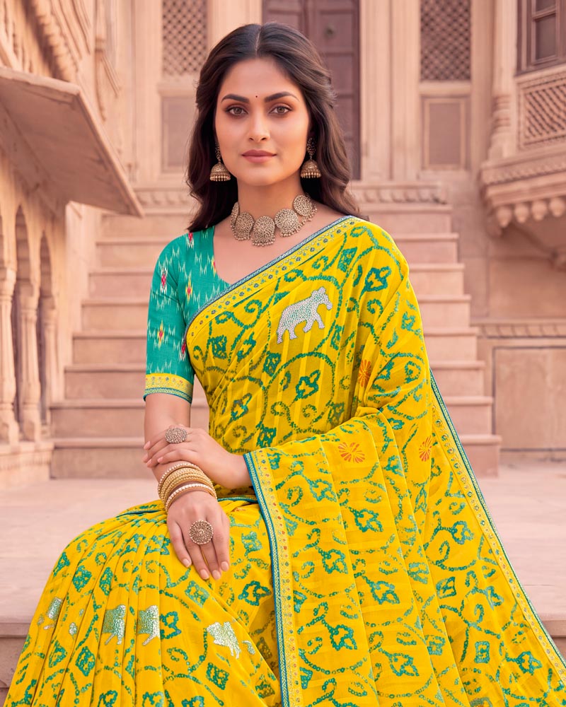 Vishal Prints Golden Yellow Patterned Chiffon Traditional Print Saree With Foil Print And Fancy Embroidery Border
