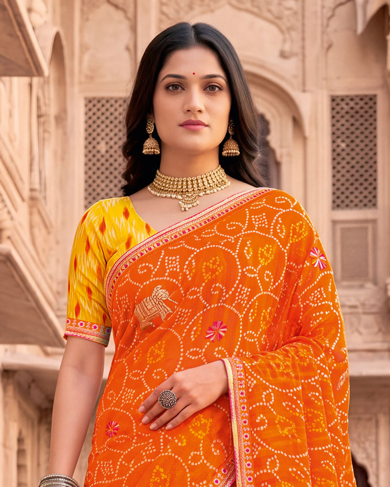 Vishal Prints Bright Orange Patterned Chiffon Traditional Print Saree With Foil Print And Fancy Embroidery Border