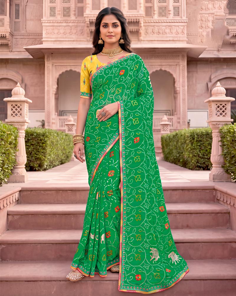 Vishal Prints Forest Green Patterned Chiffon Traditional Print Saree With Foil Print And Fancy Embroidery Border