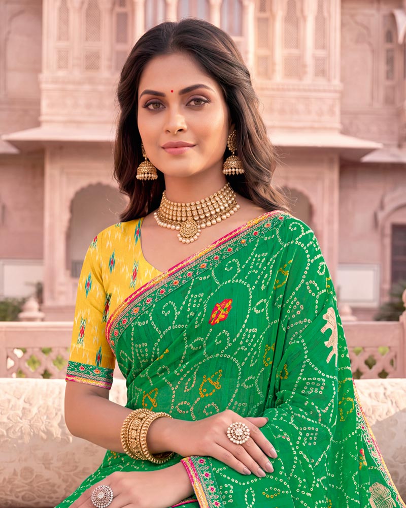 Vishal Prints Forest Green Patterned Chiffon Traditional Print Saree With Foil Print And Fancy Embroidery Border