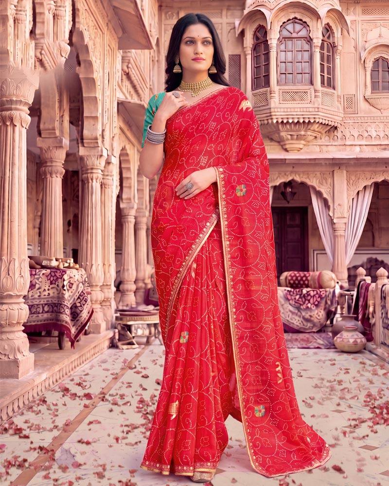 Vishal Prints Red Pink Patterned Chiffon Traditional Print Saree With Foil Print And Fancy Embroidery Border