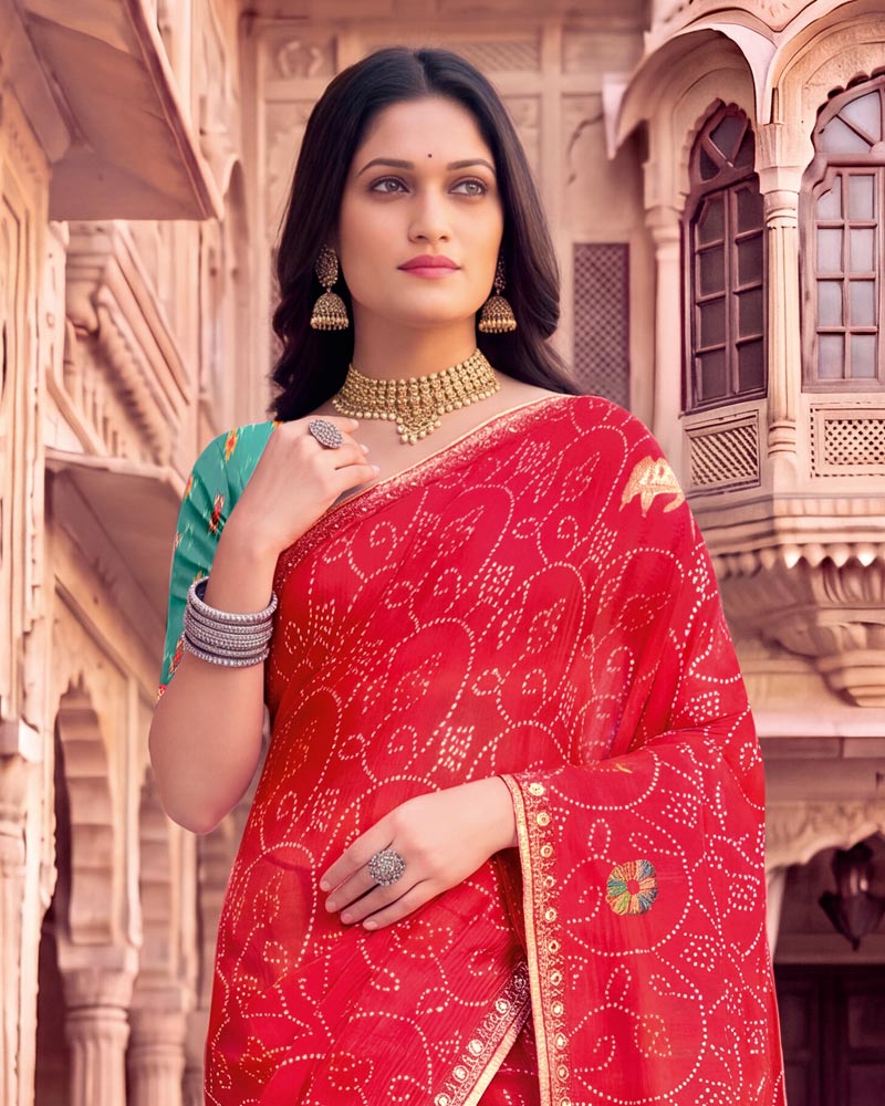 Vishal Prints Red Pink Patterned Chiffon Traditional Print Saree With Foil Print And Fancy Embroidery Border