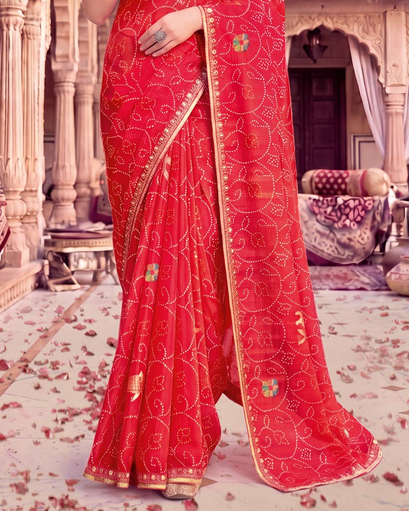 Vishal Prints Red Pink Patterned Chiffon Traditional Print Saree With Foil Print And Fancy Embroidery Border