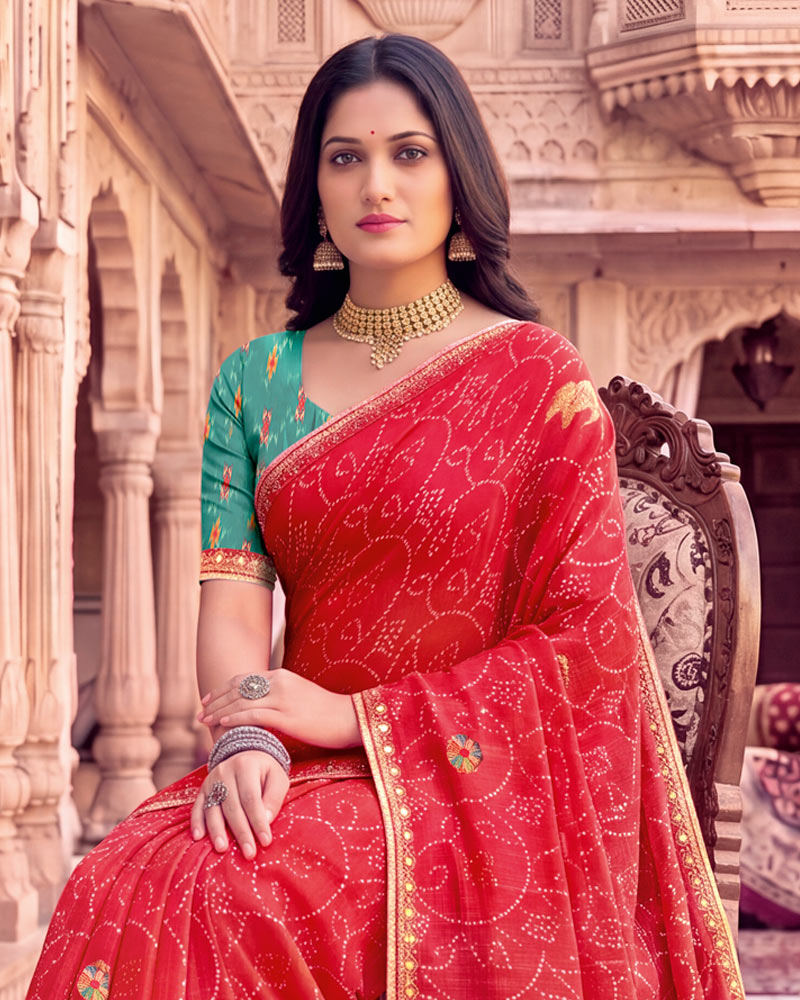 Vishal Prints Red Pink Patterned Chiffon Traditional Print Saree With Foil Print And Fancy Embroidery Border