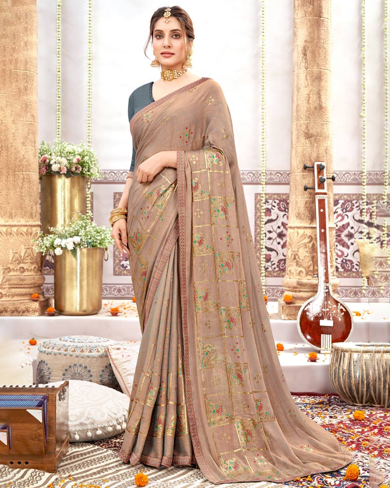Vishal Prints Pastel Brown Designer Fancy Chiffon Saree With Foil Print And Border