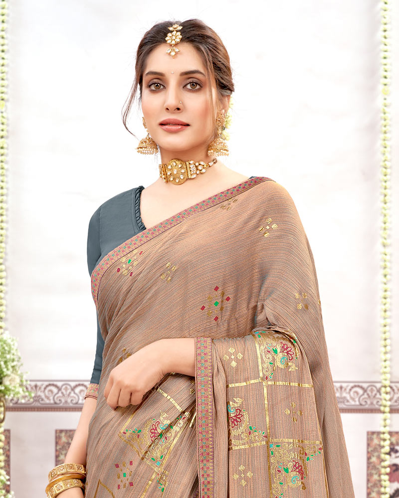 Vishal Prints Pastel Brown Designer Fancy Chiffon Saree With Foil Print And Border