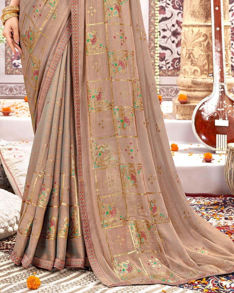 Vishal Prints Pastel Brown Designer Fancy Chiffon Saree With Foil Print And Border