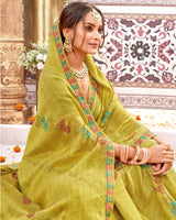 Vishal Prints Olive Yellow Designer Fancy Chiffon Saree With Foil Print And Border