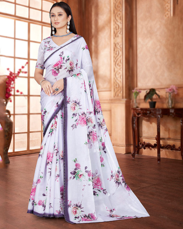 Vishal Prints White Lilac Digital Print Organza Saree With Diamond Work