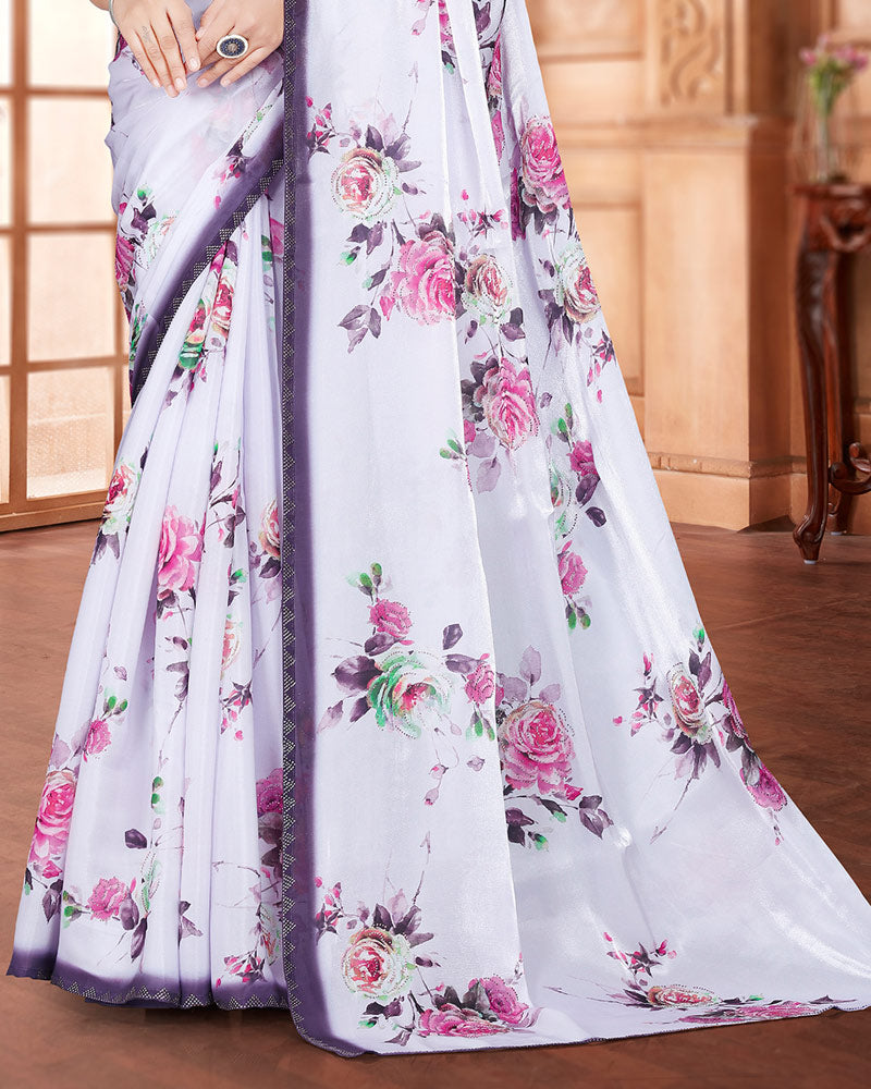 Vishal Prints White Lilac Digital Print Organza Saree With Diamond Work