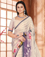 Vishal Prints Almond Cream Digital Print Organza Saree With Diamond Work