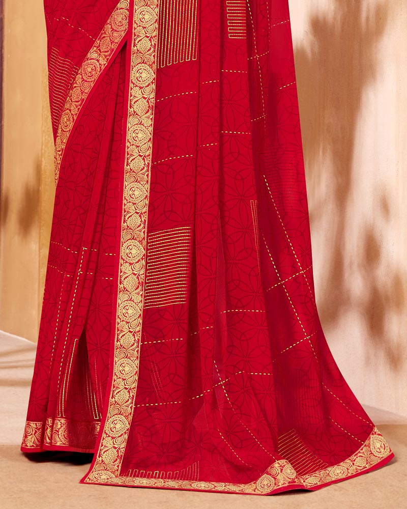 Vishal Prints Cherry Red Georgette Saree With Foil Print And Zari Border